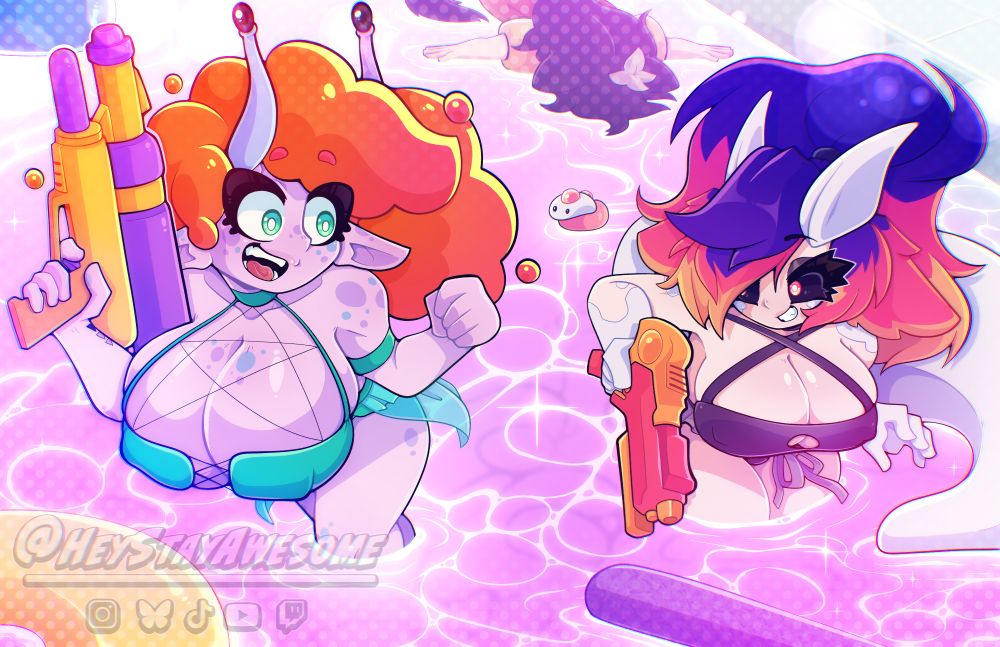 Artwork of my Vtuber persona Ves, and my friend's OC Slugg in a pool with water guns.