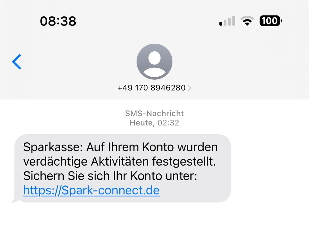 Eine Pishing SMS angeblich von der Sparkasse.