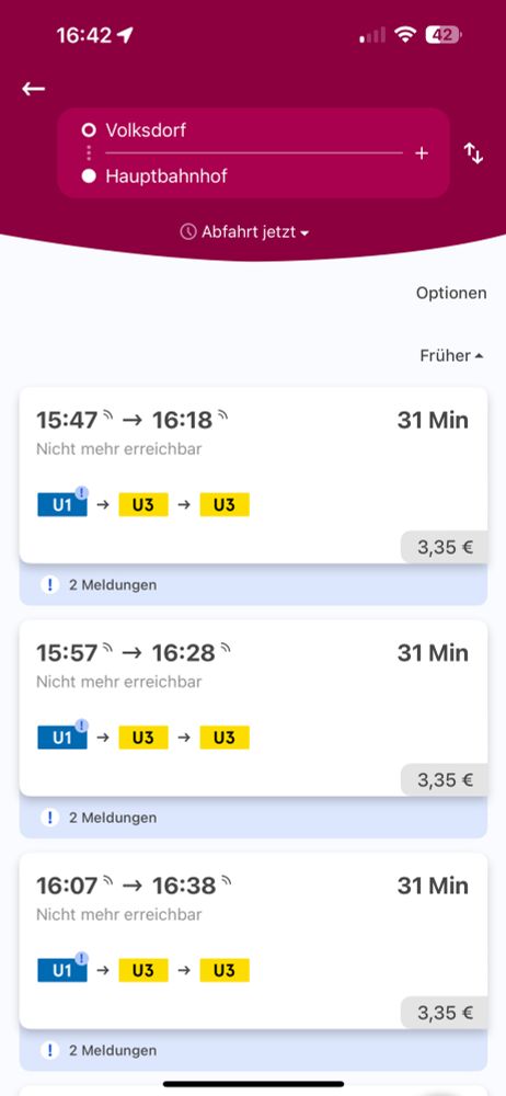 Fahrplanauszug der HVV App mit Fahrten, die vor einer Stund stattfanden.