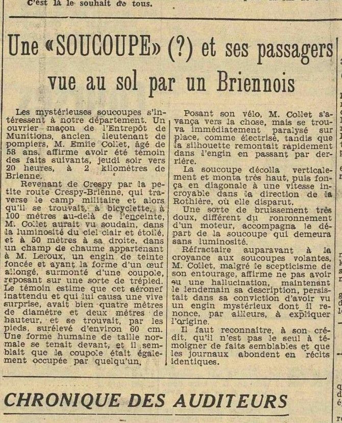 Article de L'Est-Eclair sur l'apparition d'un OVNI à Brienne-le-Château