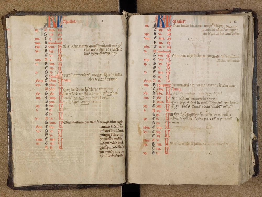 obituaire - registre où sont inscrits le nom des morts et la date anniversaire de leur sépulture afin de les commémorer régulièrement et célébrer des offices religieux pour le repos de leur âme.