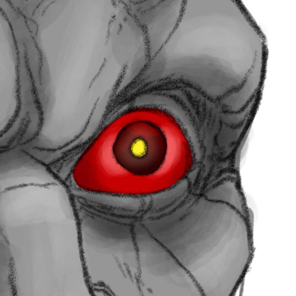 A drawing of a red and menacing eye