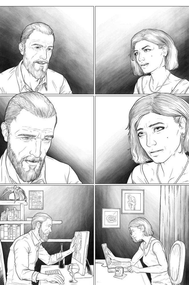 A page of comics showing a man and a woman sitting across from each other, then in the final panels we see they are each alone in a room seeing each other via computer, trying to go on a date during the covid lockdown