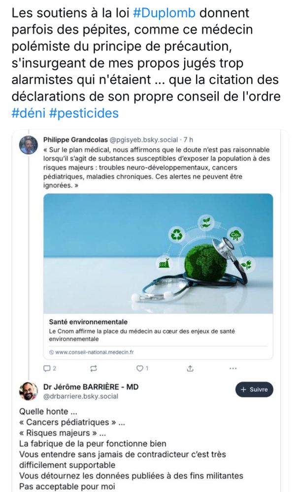 Dr jerome Barriere trouvant inacceptables et honteux les propos d’un directeur du cnrs contre l’acetamipride… alors qu’il s’agit des propos de l’ordre des medecins