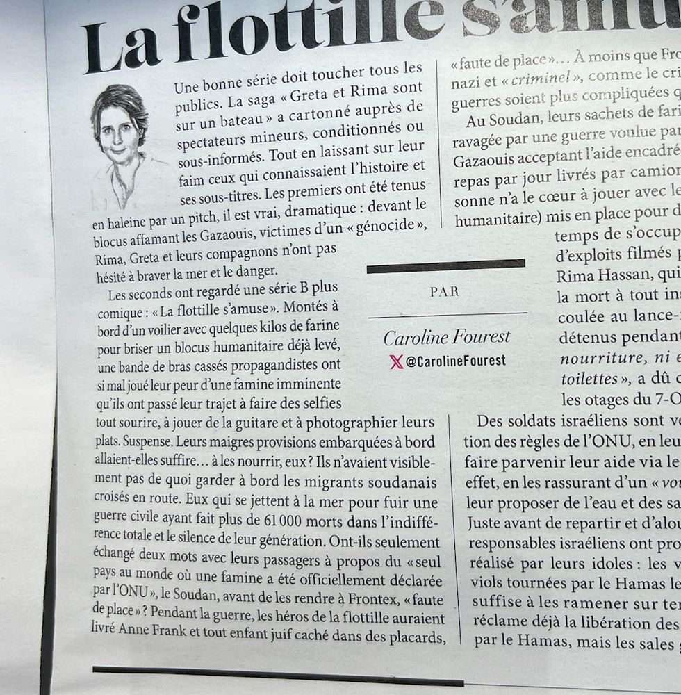 Article de Caroline Fourest dans laquelle elle écrit: Pendant la guerre, les héros de la flotille auraient livré Anne Frank et tout enfant juif caché dans des placards, "faute de place"