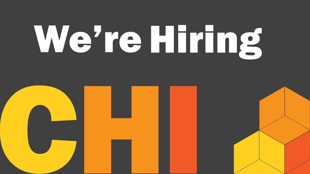 Graphic with dark grey background that reads 'We’re Hiring' in bold white text at the top. Below, large block letters spell 'CHI' in yellow, orange, and red. To the right, a geometric cube design in matching colours represents the Centre for Healthcare Innovation's branding.
