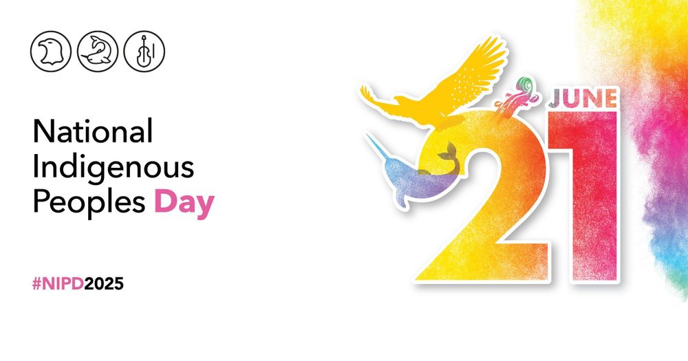 English image with 3 illustrations: an eagle representing First Nations, a narwhal representing Inuit, and a violin representing Métis. These illustrations are placed around the date "June 21" and surrounded by multicoloured smoke that represents Indigenous traditions, spirituality, inclusion and diversity.

English text:
National Indigenous Peoples Day
June 21
#NIPD2025