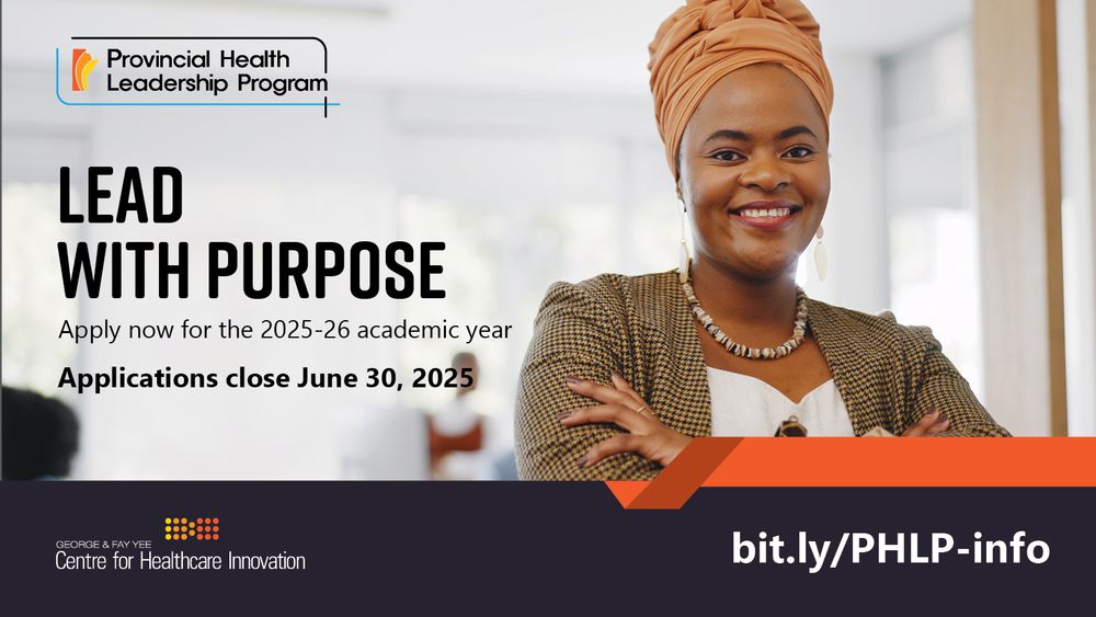 Smiling woman stands confidently with arms crossed. Text reads: “Lead with Purpose. Apply now for the 2025–26 academic year. Applications close June 30, 2025.” Includes PHLP and CHI logos and the link: bit.ly/PHLP-info.
