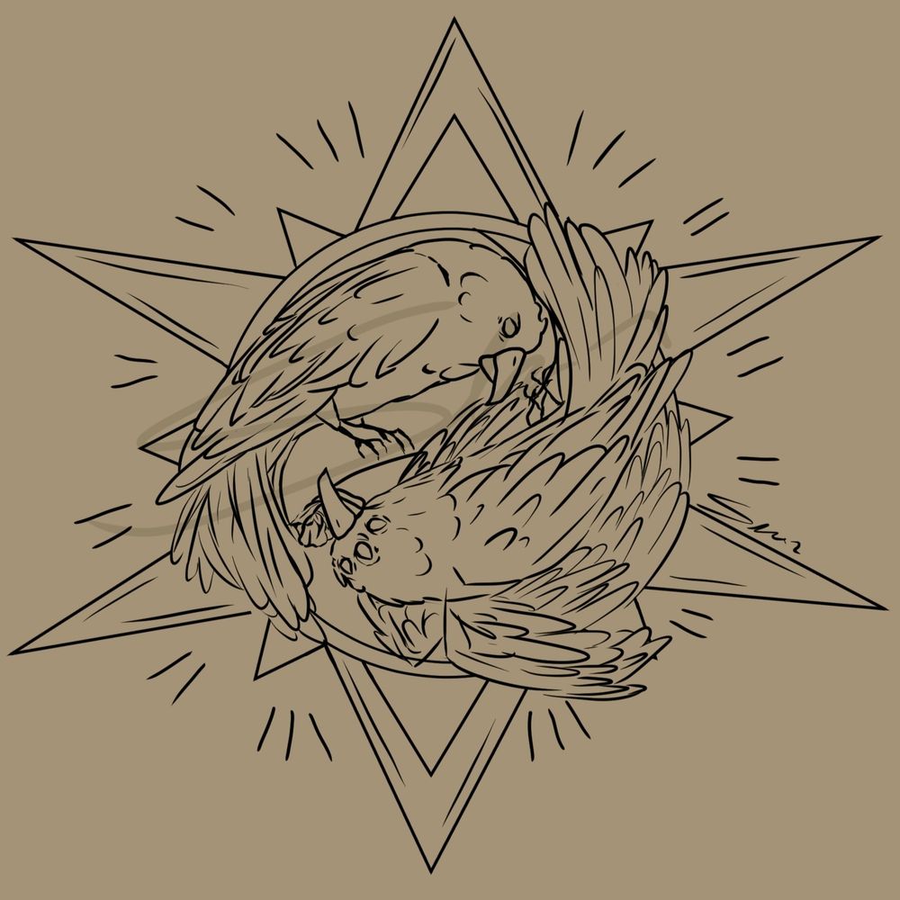 Um carimbo de dois corvos como se fossem ying-yang. *uso público não autorizado, por favor não repostar.