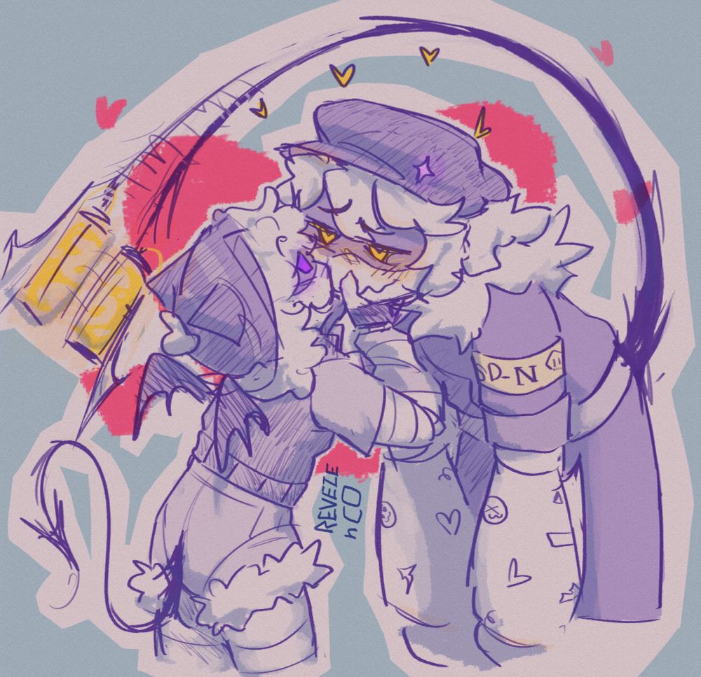 N bending over, looking at Uzi with a lovesick expression while wagging his tail overhead. Uzi holds his face tenderly. Hearts surround them.