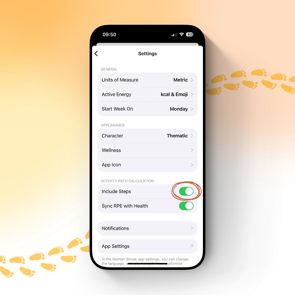 Screenshot of the app's settings, showing the category Activity Path Calculation with the Include Steps toggle turned ON. There's also the Sync RPE with Health option in here, also turned ON. 
