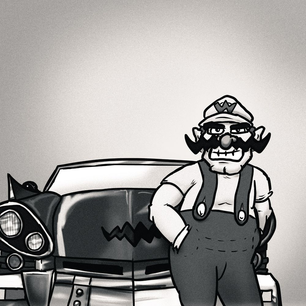 Kendrick Lamar - GNX cover redrawn as Wario standing in front of his car. Waah.