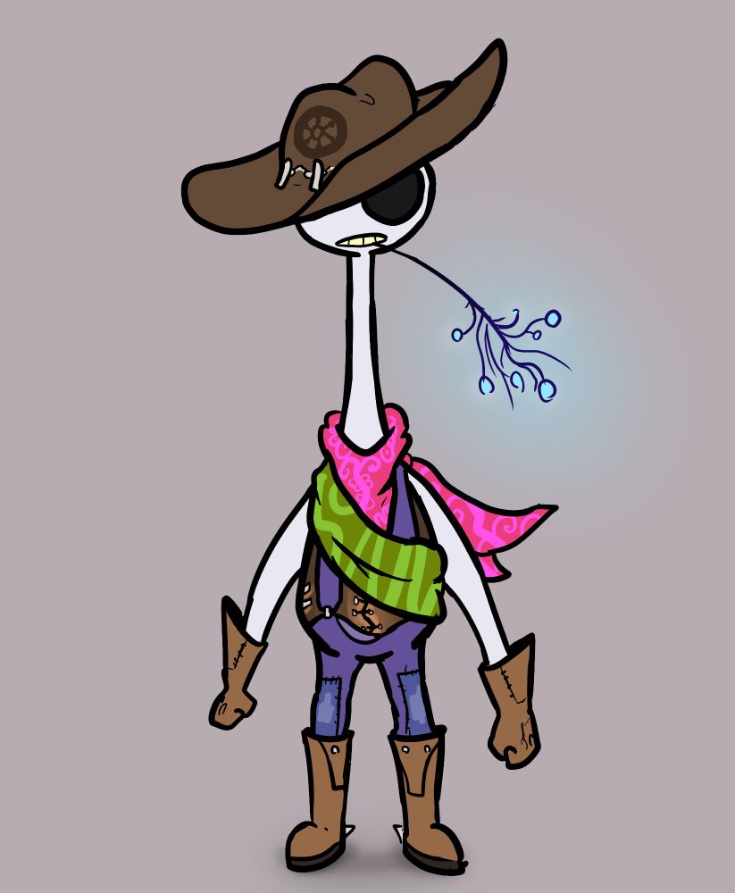 drawing of a tall neck alien cowboy guy