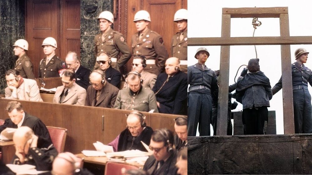 The nurnberg trials, one picture of defendants inside the courtroom, one picture of the gallows; a prisoner with a noose around his neck, and the guard, posted to each side.