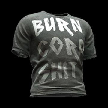 A t-shirt from CD Projekt Red's Cyberpunk 2077 saying, you guessed it, "Burn Corpo Shit"
