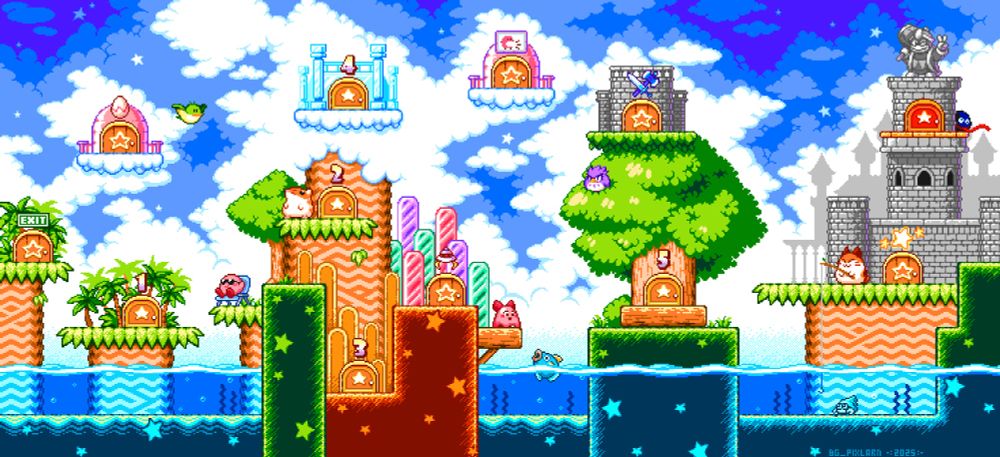 A remade version of Ice Cream Island, the 2nd Hub World from the NES game Kirby's Adventure. Made in pixel art and using the NES palette. Along with Kirby himself, the animal buddies from Kirby's Dream Land 3 can be seen lounging around the area. 

Part of the project Kirby's Adventure Redrawn by the Retro Redraw Community.