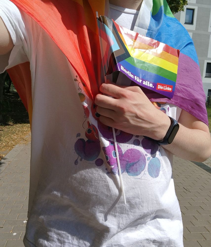 Ich in Farbenfrohen Sachen und Pride Flagge + Fahne