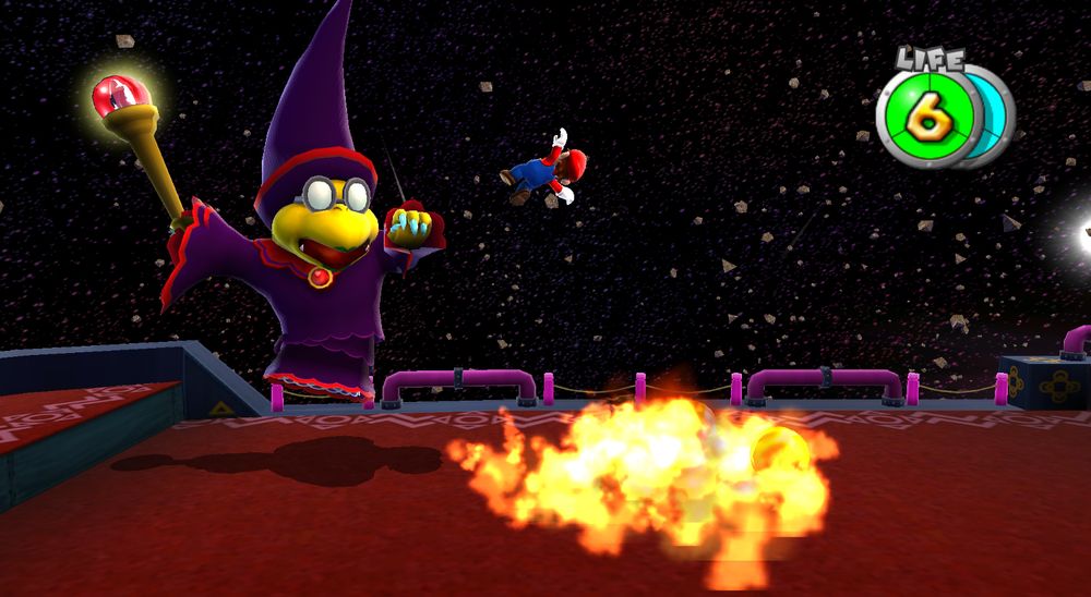Mario fighting Kamella in the Space Junk Galaxy from Super Mario Galaxy.