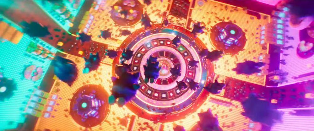 A horde of Ninjis swarming Princess Peach in the middle of a casino-themed cube-shaped area, as seen from The Super Mario Galaxy Movie 11.12.25 trailer