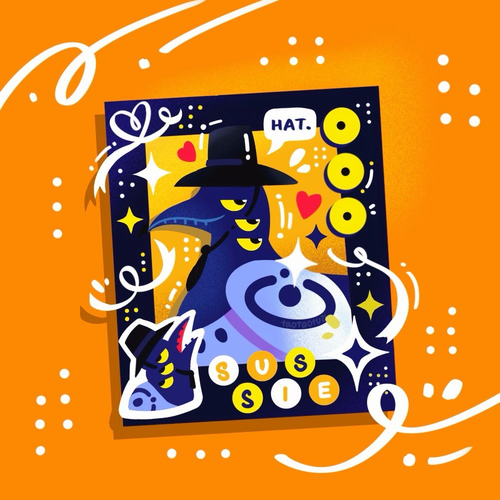 Jinu’s hat stealing magpie from Kpop Demon Hunters. The image shows a cute photcard design of the sussy looking magpie, giving a smirk. With ribbon decorations and stickers surrounding the edges