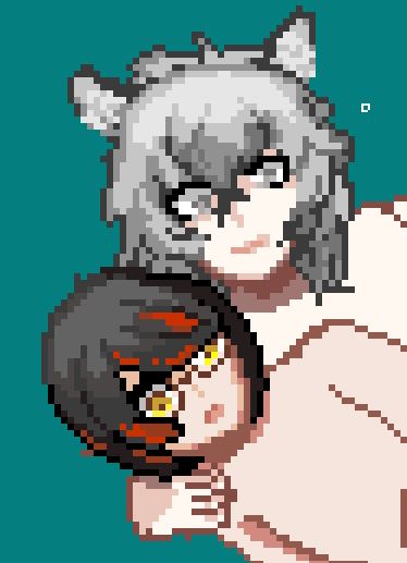 A WIP pixel art drawing of Gnosis and Silverash, both from Arknights, with Silverash behind Gnosis