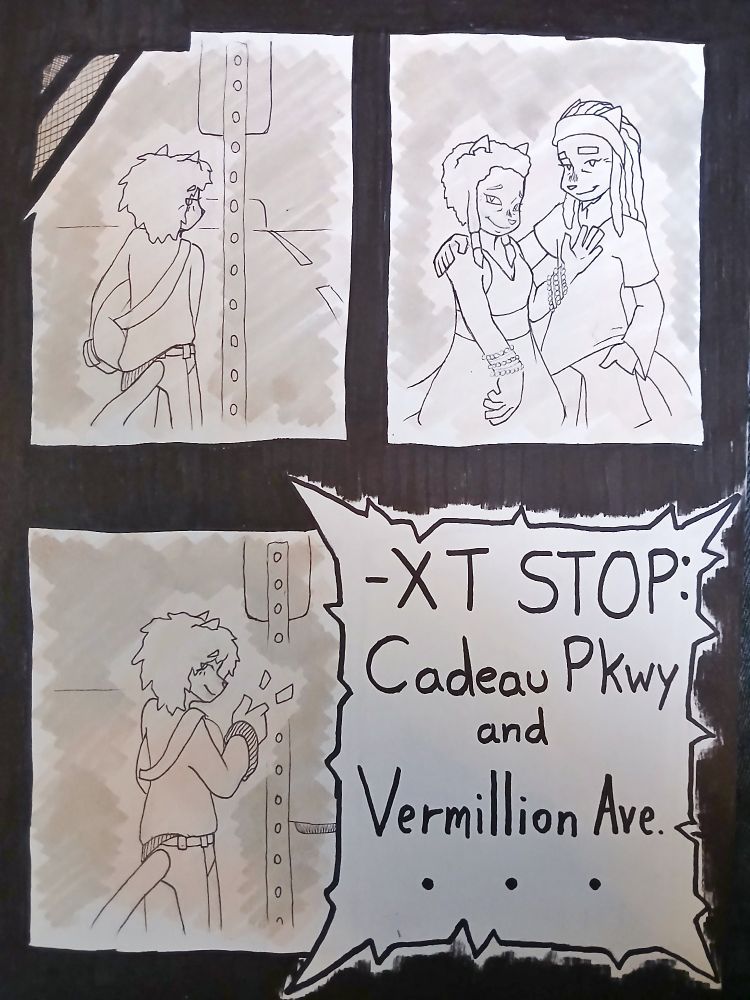 A flashback scene, Ishtar stands at the bus stop waiting. She looks back at her parents, smiling and waving at her. She gives them a thumbs up as the bus approaches closer. Her thoughts get interrupted as she hears that her stop is coming up.
"-XT STOP: Cadeau Pkwy and Vermillion Ave..."