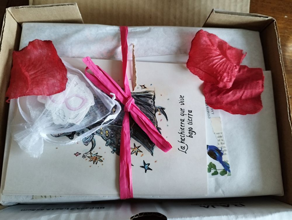 La caja donde venían los libros abierta, mostrando las pegatinas y postales de regalo. También lleva unos pétalos aromáticos de rosa y los libros envueltos en papel. 