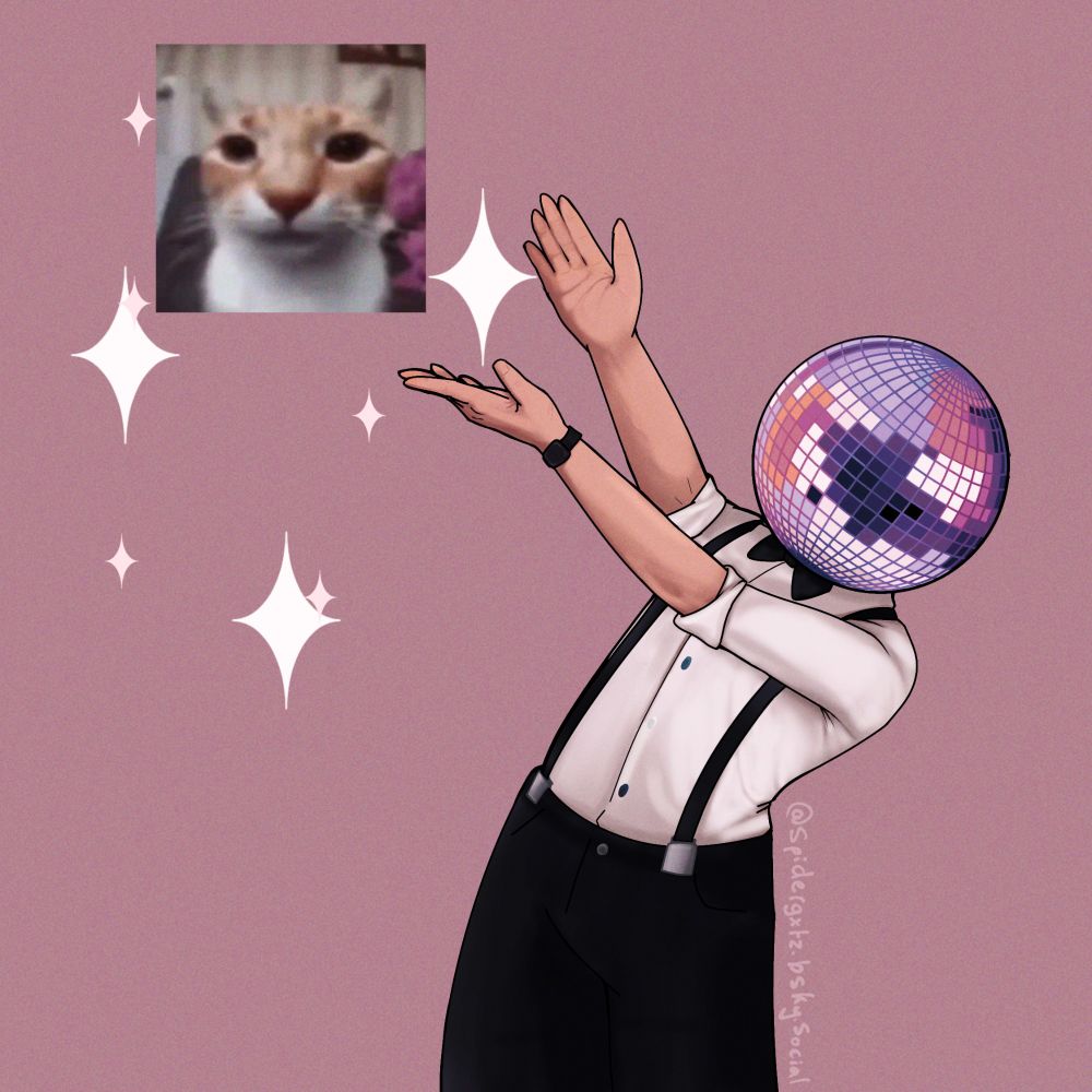 discoholic gesturing towards a low quality photo of a cat staring at the camera