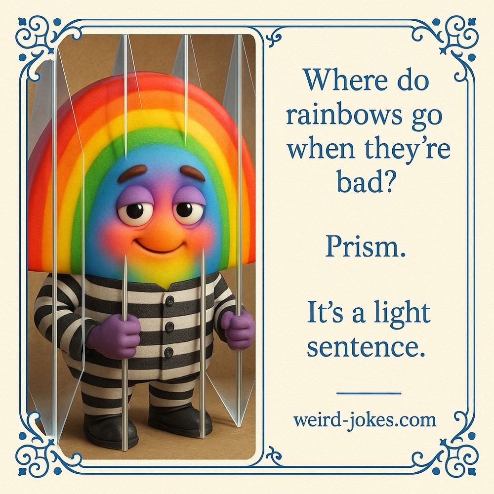 Where do rainbows go when they're bad?
Prism. 
It's a light sentence.