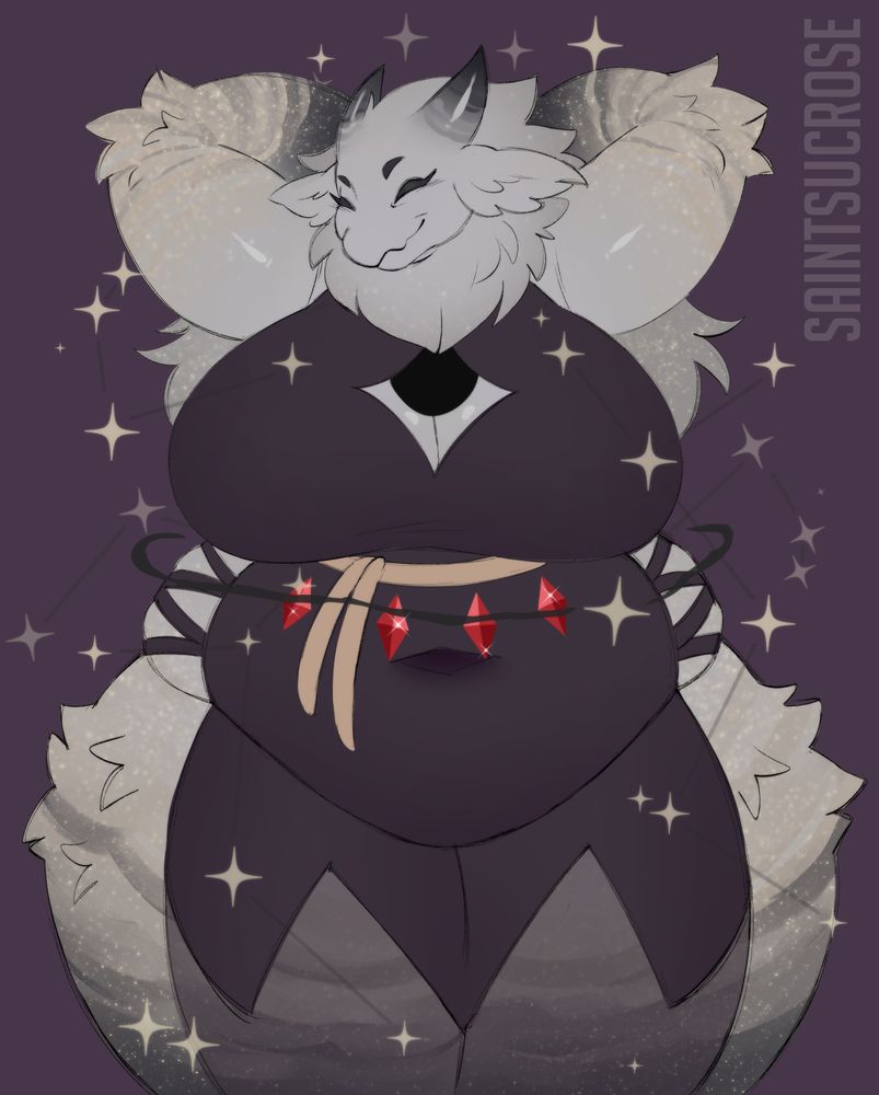 color sketch of a celestial anthro being, wearing a formfitting tabard style dress with thigh slits and a boob window. aer fur is a swirling mix of grays and gold sparkles and multiple constellations surround aer massive form