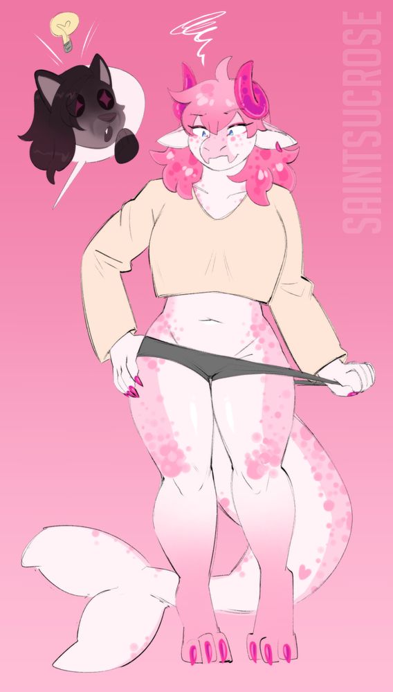 color sketch of a pink and white anthro goo dragon wearing a long-sleeved cream croptop and gray panties. they're tugging on their panties, disgruntled by how loose they are. a bubble points to their wolf partner offscreen, who has an idea.