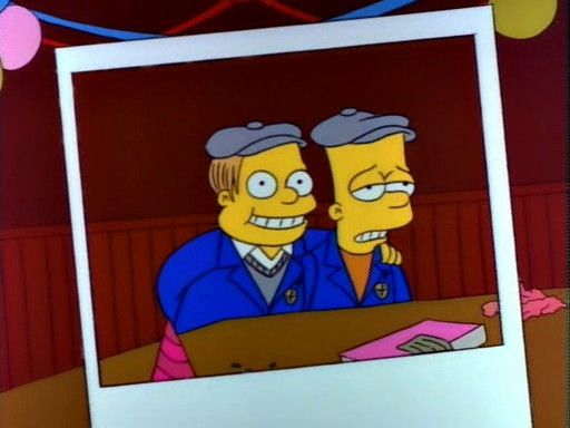 Martin Prince and Bart Simpson wearing matching hats and jackets