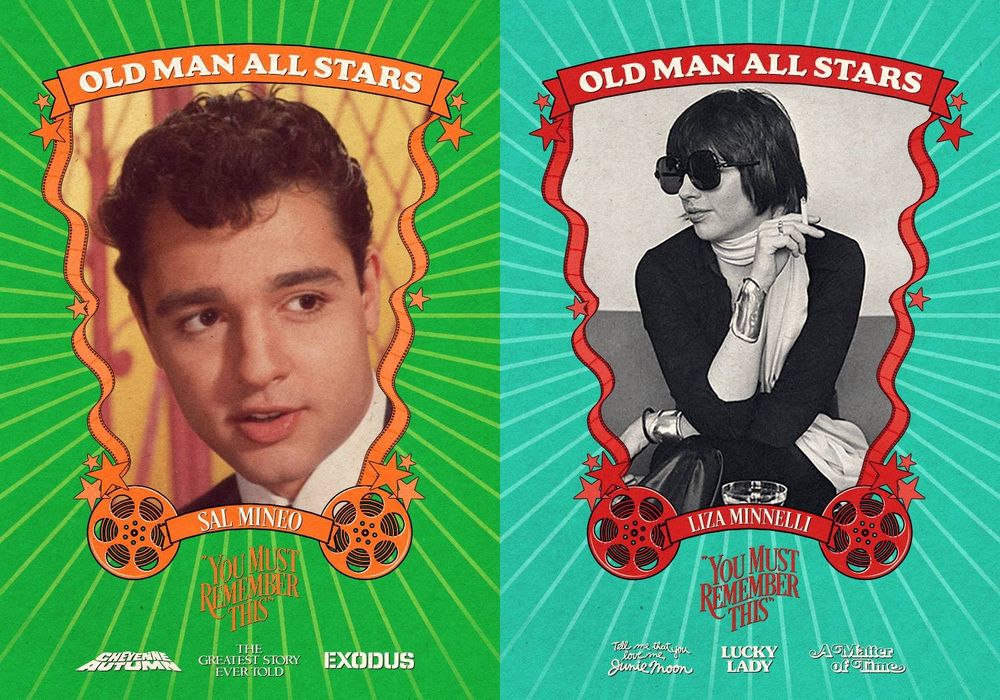 Old Man All Star cards featuring Sal Mineo and Liza Minnelli. Sal's card has his name and three of his films (Cheyenne Autumn, The Greatest Story Ever Told, and Exodus) listed, and Liza's has her name and 3 of her films (Tell Me You Love Me, Junie Moon, Lucky Lady, A Matter of Time) listed. 