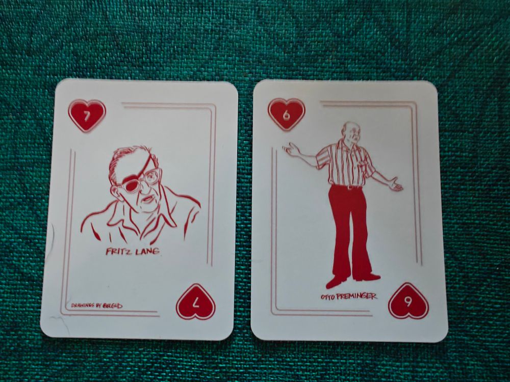 Playing cards featuring directors Fritz Lang and Otto Preminger drawn by Nathan Gelgud