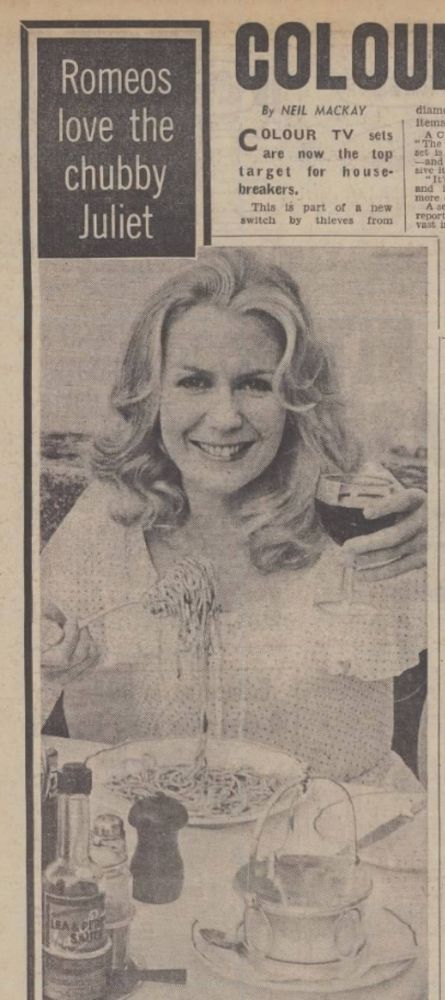 Vintage news headline and picture from the Sunday Mirror in 1972 showing a blonde woman eating pasta with the headline "Romeos love the chubby Juliet"