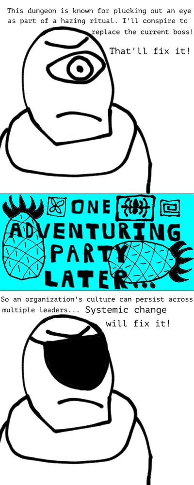 In the first panel a cyclops is thinking about his situation. 

This dungeon is known for plucking out an eye as part of a hazing ritual. I'll conspire to replace the current boss! That'll fix it!

The second panel has a Spongebob Squarepants styled transition card.

One adventuring party later...

In the third panel the cyclops now has an eye patch. 

So an organization's culture can persist across multiple leaders... Systemic change will fix it!