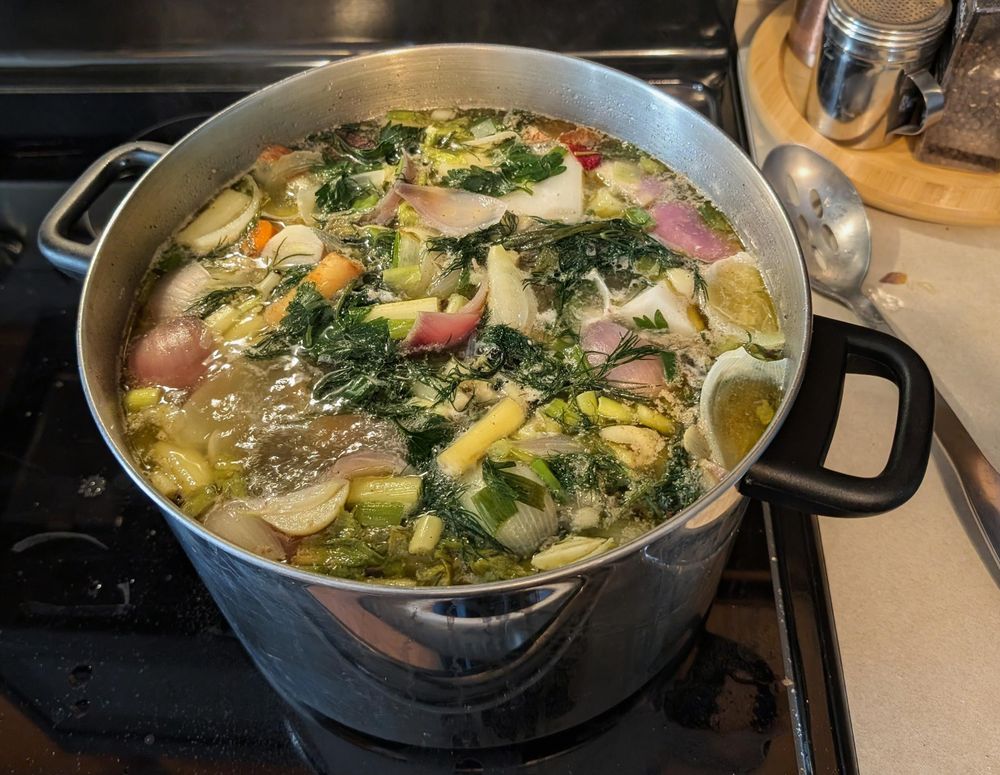 A large stainless steel stockpot sits on a black stovetop, filled to the brim with homemade chicken soup stock. The broth is packed with large aromatic ingredients, including wedges of red onion, celery stalks, and generous bunches of fresh dill and herbs floating on the surface.
