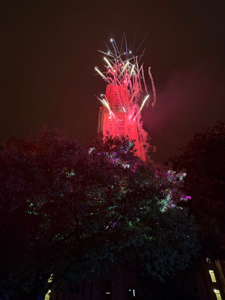 Fireworks in front of the Cathedral of Learning 