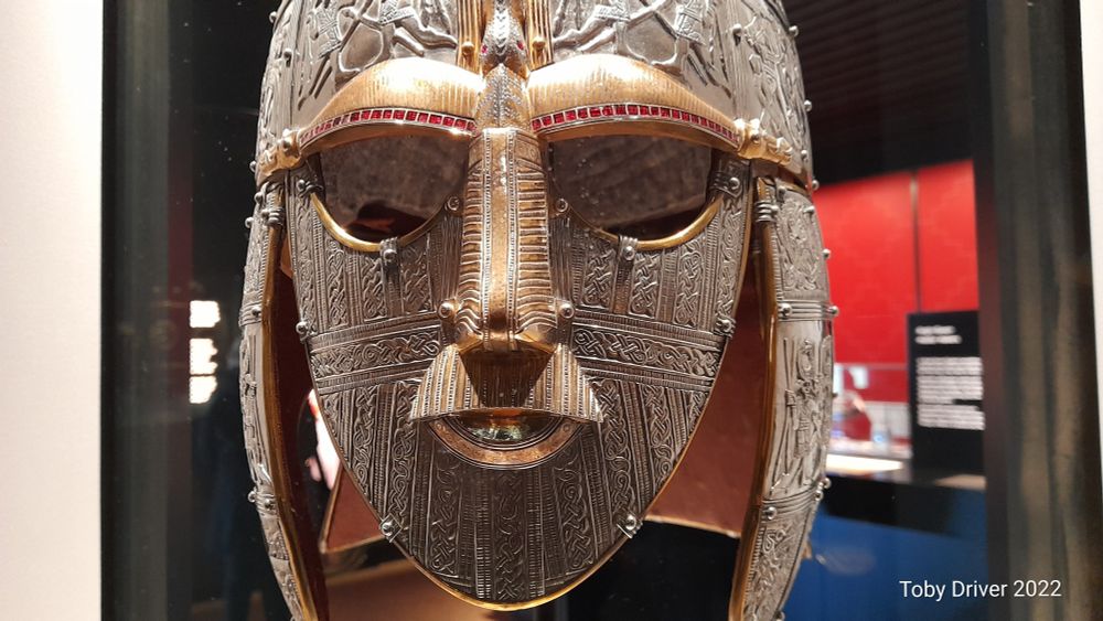 A close up view of a reconstructed Saxon helmet 