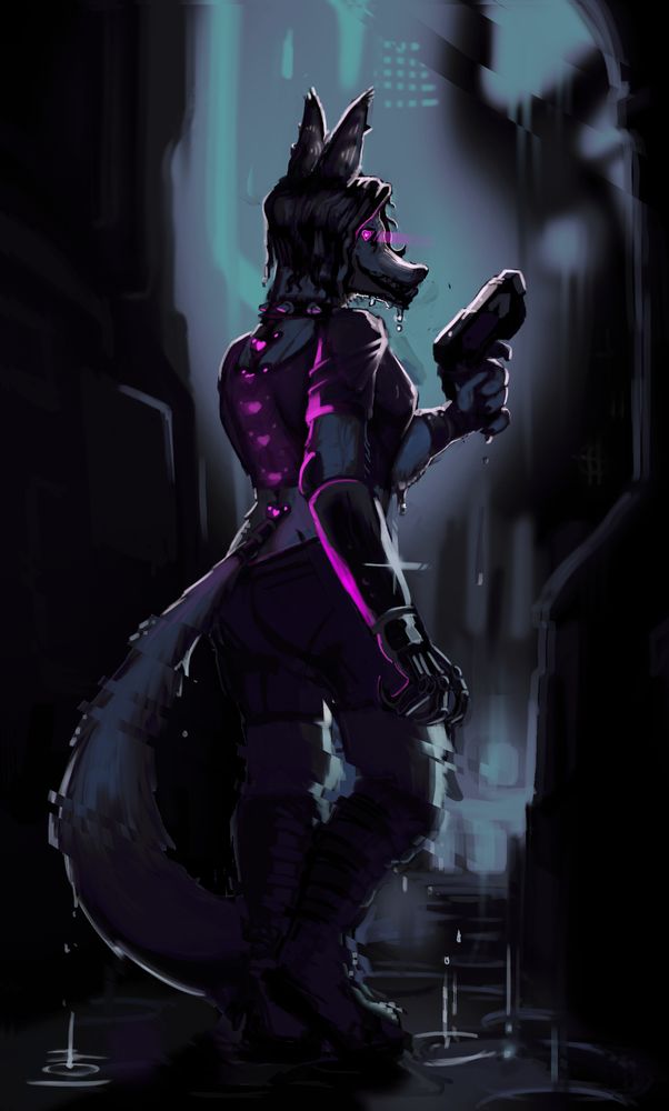 A 2D painted commission of a fox furry in a cyberpunk outfit and world. The scene seems distorted and glitchy at the edges, and she holds up a pistol in one hand, her other made of gleaming steel. Pink hearts cover the metallic hardware running up her spine, under her shirt.
