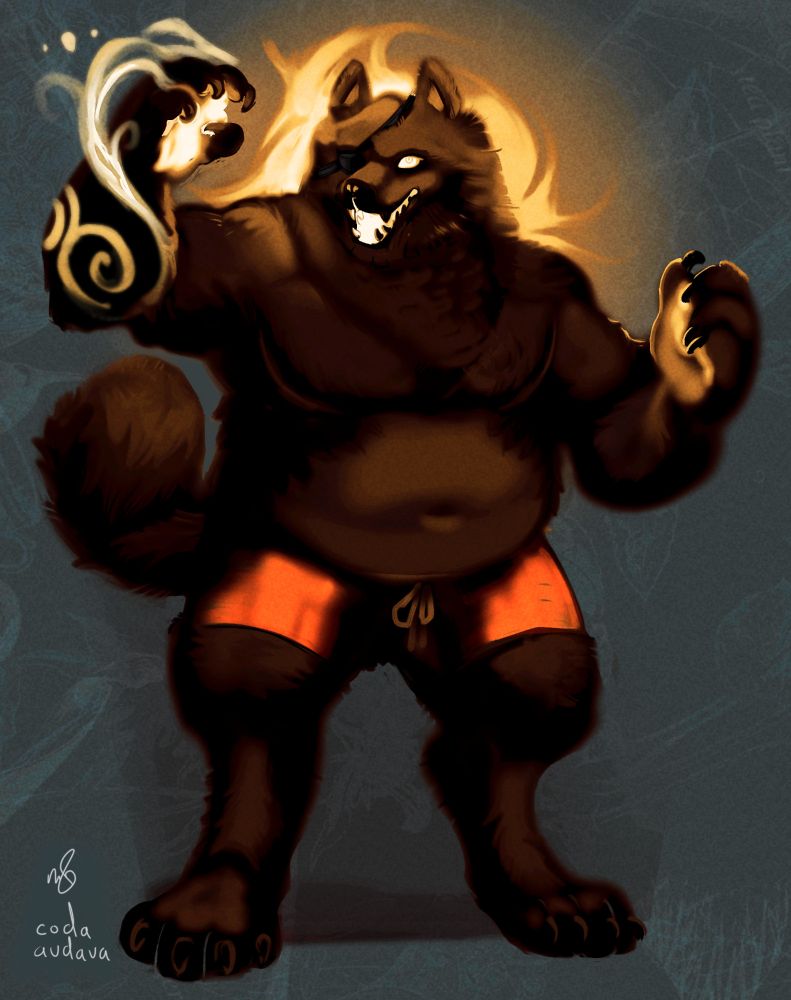 ( World of Warcraft Fan Art ) A big fluffy worgen, thick of body and of fur, stands on a field of green-blue. He raises one clawed hand, conjuring a golden light into it. He's more than he seems, but he seems merry enough, dressed in nothing but a pair of shorts.