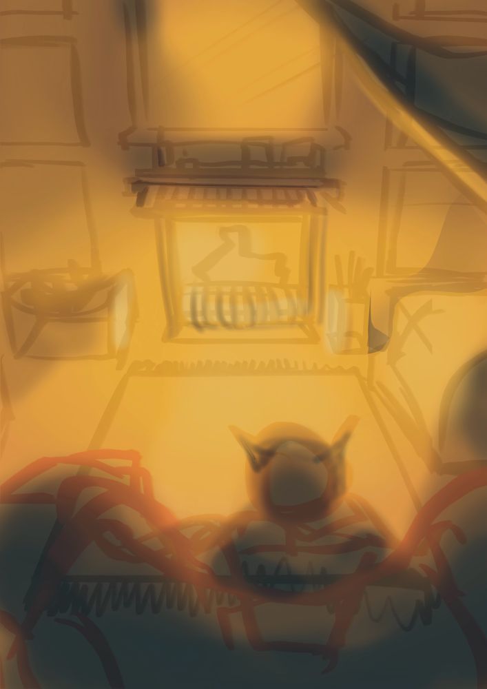 wip of nia sitting in front of a fire, leaning against dromarch for back support