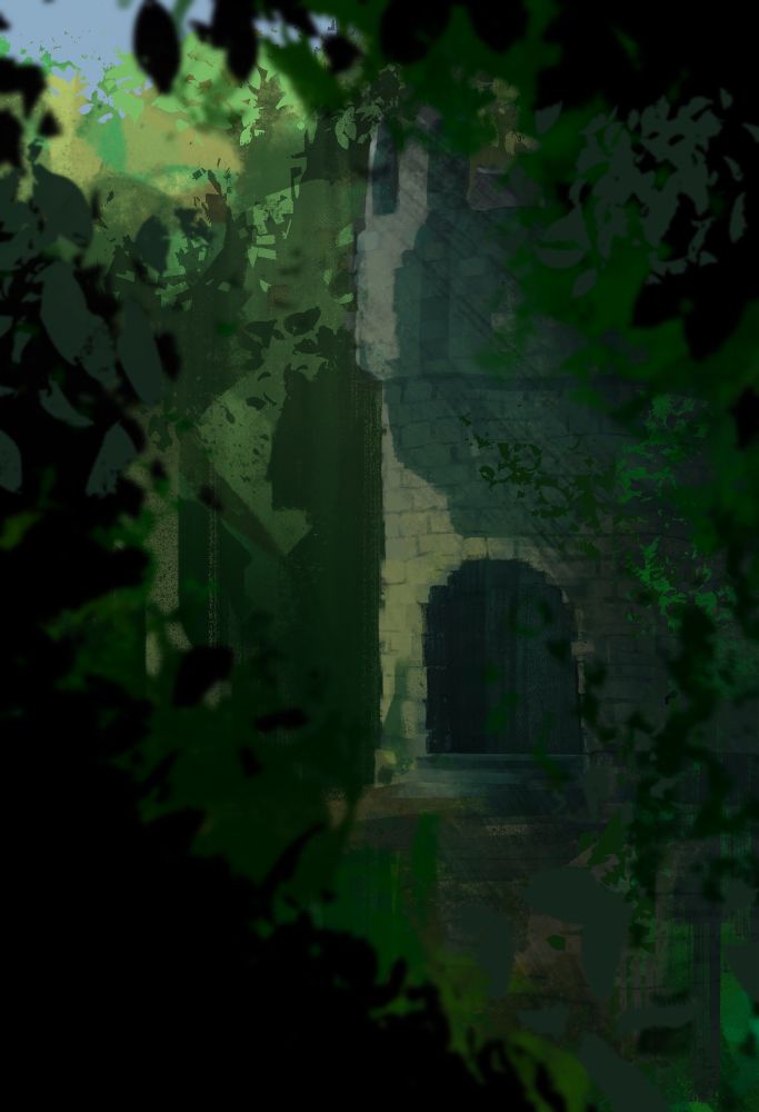 Digital painting of a stone turret rising through trees, viewed through a secluded position amongst them