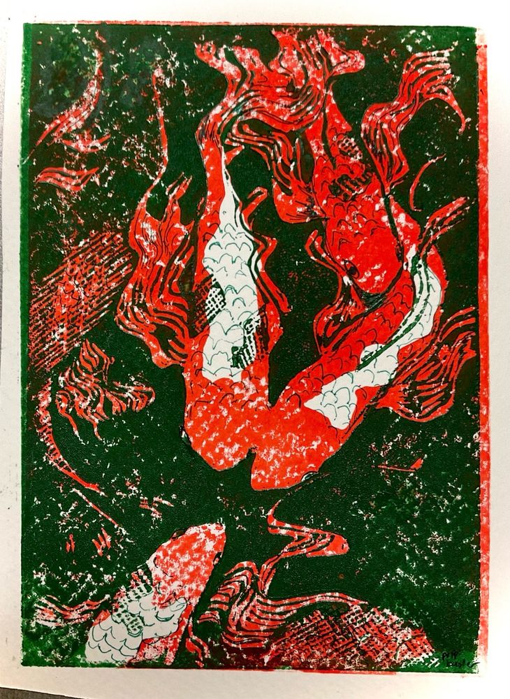 2-layer linocut of a number of koi. The details and water surrounding them is printed in a dark green - almost black in places - and the bodies of the fish are bright red.