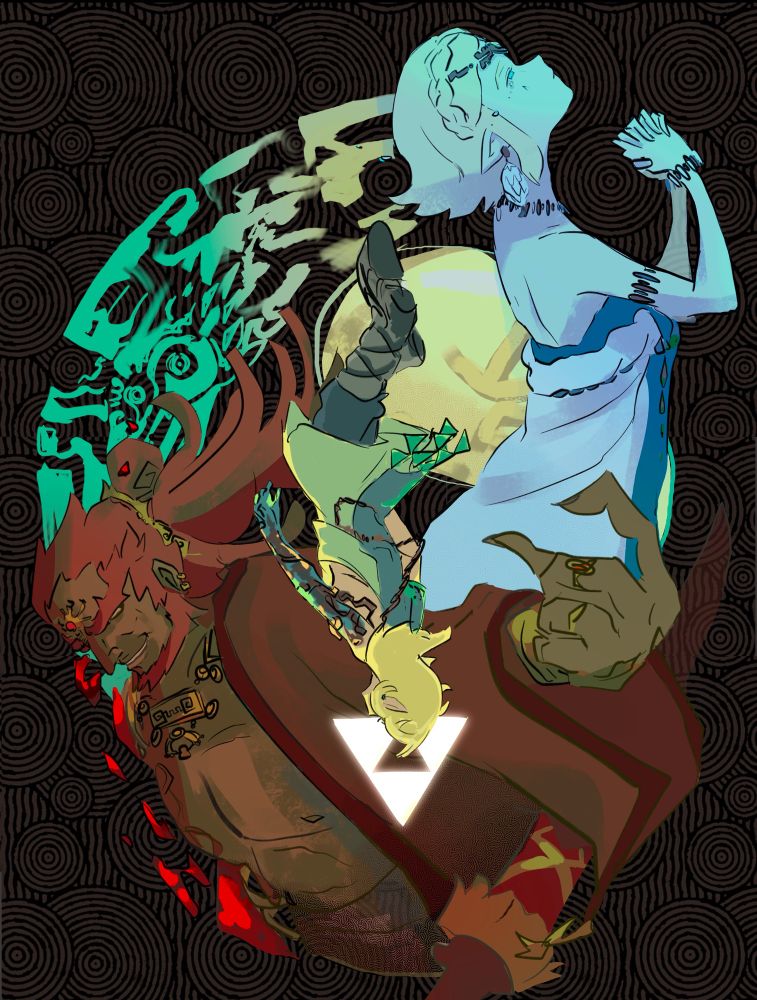 drawing of totk zelda, link, and ganondorf in the colours that correspond to their aspects - ganondorf, coloured red, stretched a hand out in beckoning; zelda, in blue, looks up with her hands clasped in prayer; link, in green, falls through the centre, back to the camera and with an upside-down triforce behind his head