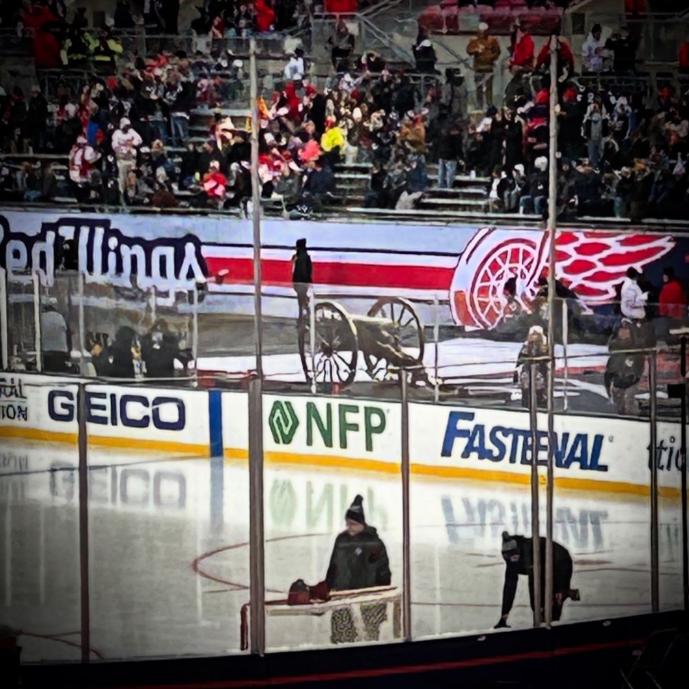 The Columbus Blue Jackets cannon, seen from a distance, on the other side of the ice, before the 2025 Stadium Series at Ohio Stadium.