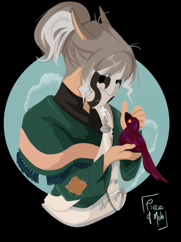 Miqo'te with a mask and holding a strange bird