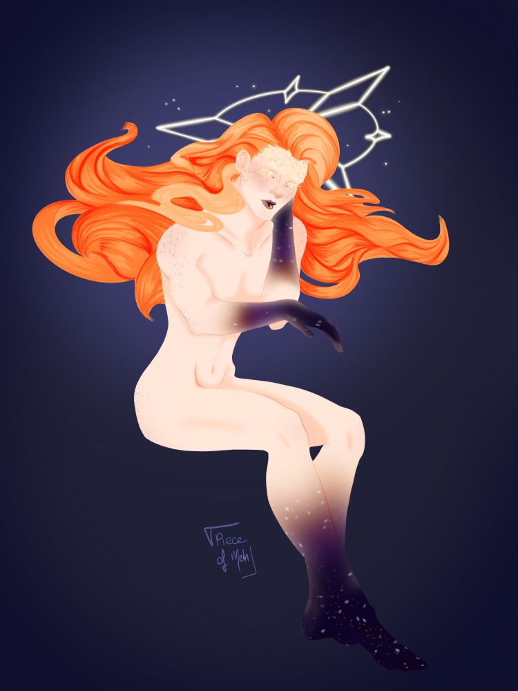 Aube, androgynous character, red long hair, pale skin, bright eyes, naked, this starry night sky limb tips 