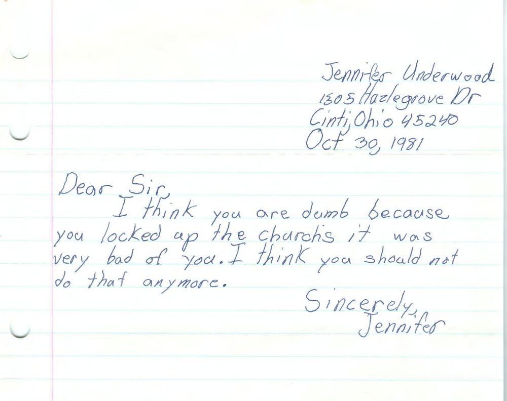 A letter to Reagan Admin official Morton Blackwell, in which a grade schooler calls him "dumb" for closing a church. 