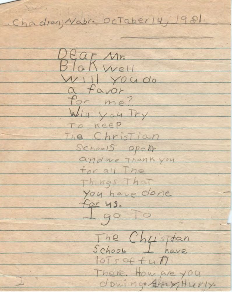 A child asks Blackwell to do him a favor and keep the Christian schools open